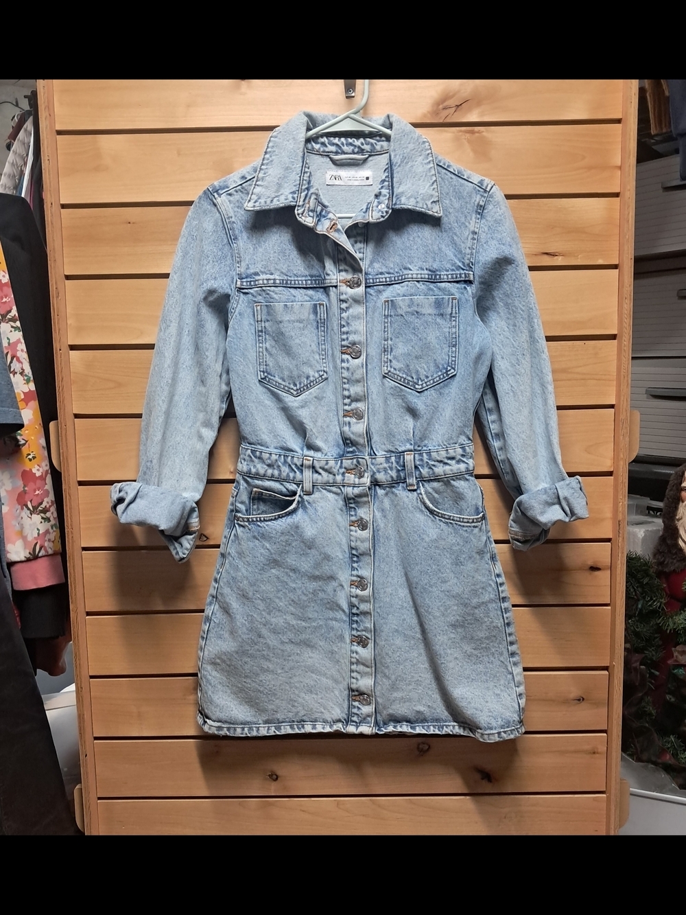 Zara Light Wash Elastic Waist Short Button Up Denim Dress Size XS